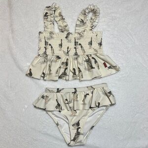 EUC Milk Barn duck print smocked top ruffle bottom bikini 3/4 years